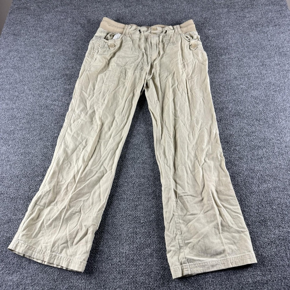 New Look Pants Womens L Beige Linen Twill Relaxed Elastic Waist Coastal Beachy